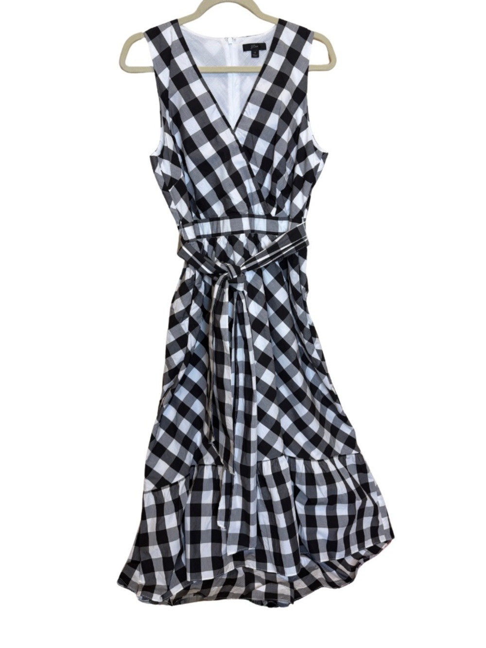 J. Crew | Black & White Gingham Wrap Midi Dress with Tie Waist | Size 12 - Picture 2 of 5